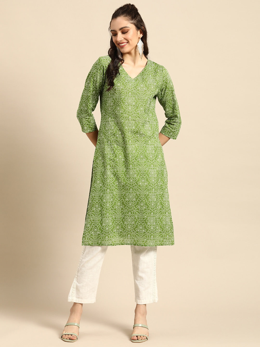 Sangria Women Green Bandhani Printed Pure Cotton Kurta - Distacart