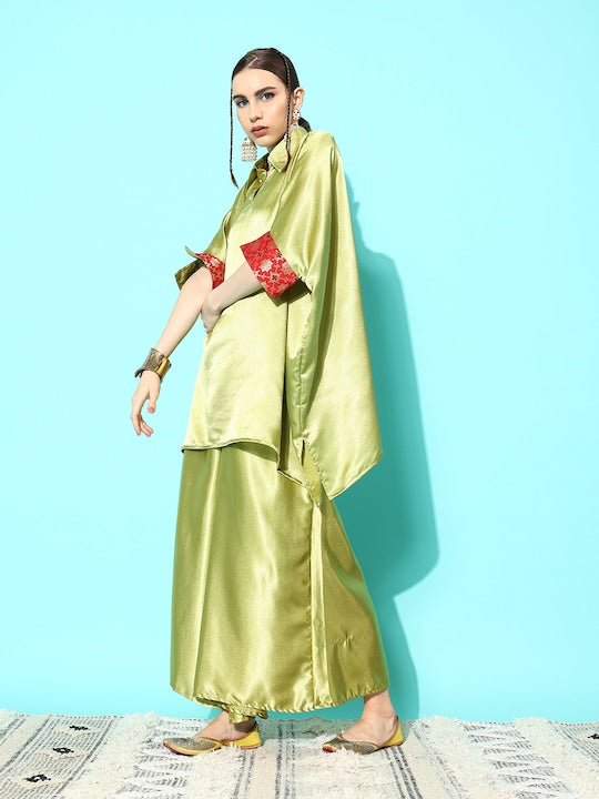 InWeave Women's Olive Red Brocade Satin Boho Kurta Palazzo Set - Distacart