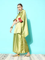 Thumbnail for InWeave Women's Olive Red Brocade Satin Boho Kurta Palazzo Set - Distacart