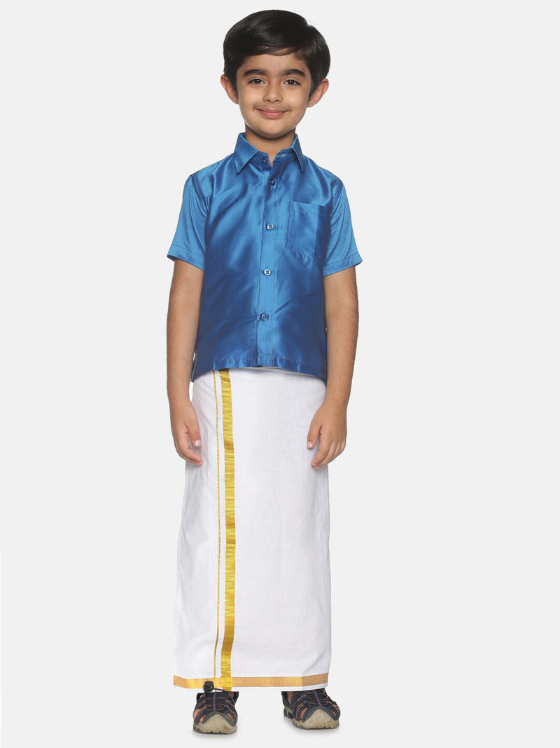 Sethukrishna Traditional Blue &amp; White Shirt with Dhoti For Boys - Distacart