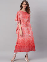 Thumbnail for Janasya Peach-Coloured Ethnic Motifs Dyed Thread Work Georgette Kaftan Kurta - Distacart