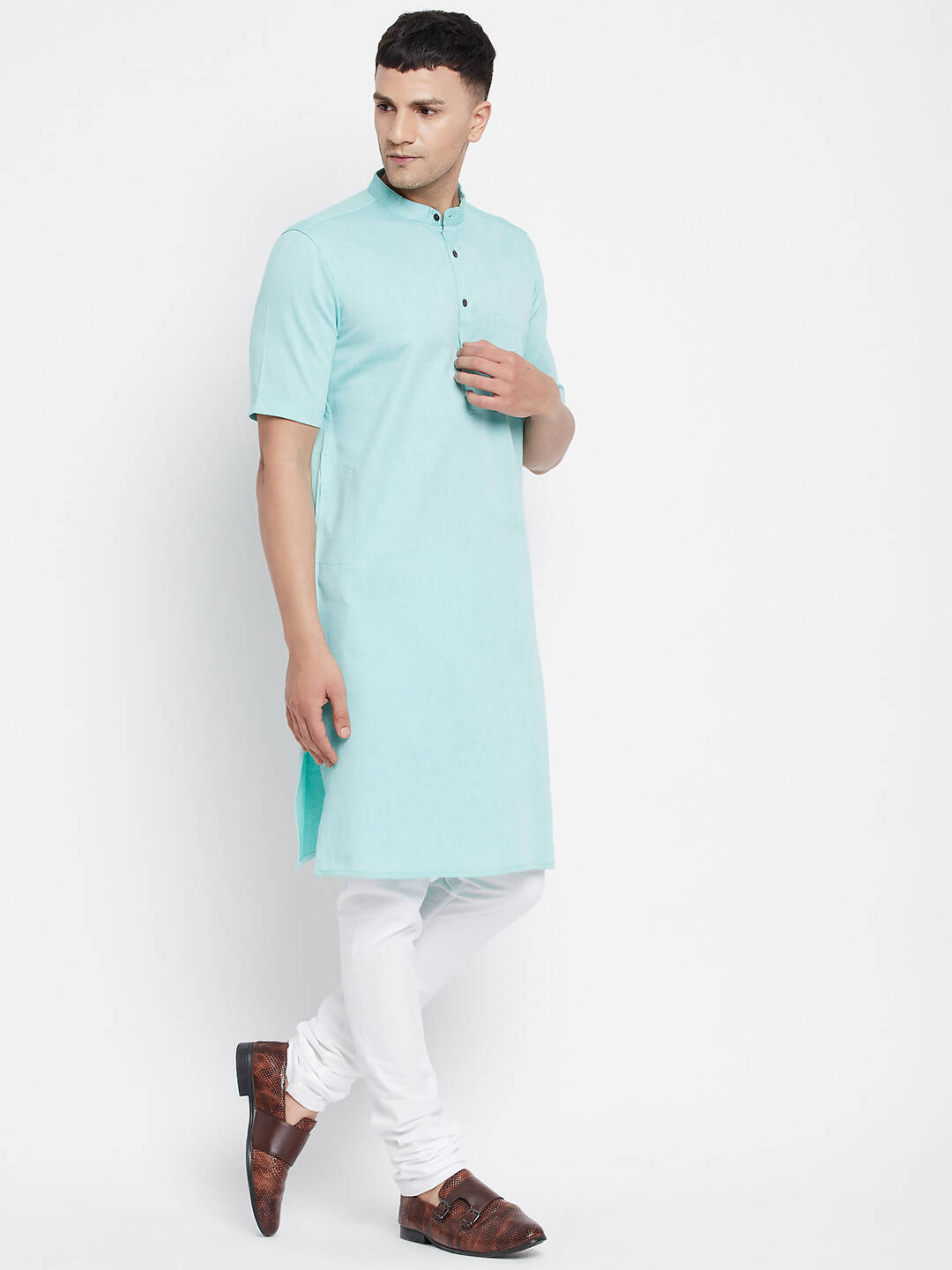 Even Apparels Green Pure Cotton Men's H/S Kurta With Band Collar - Distacart