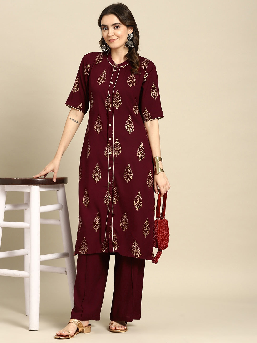 Sangria Ethnic Motifs Printed Pure Cotton Kurta With Palazzos - Distacart