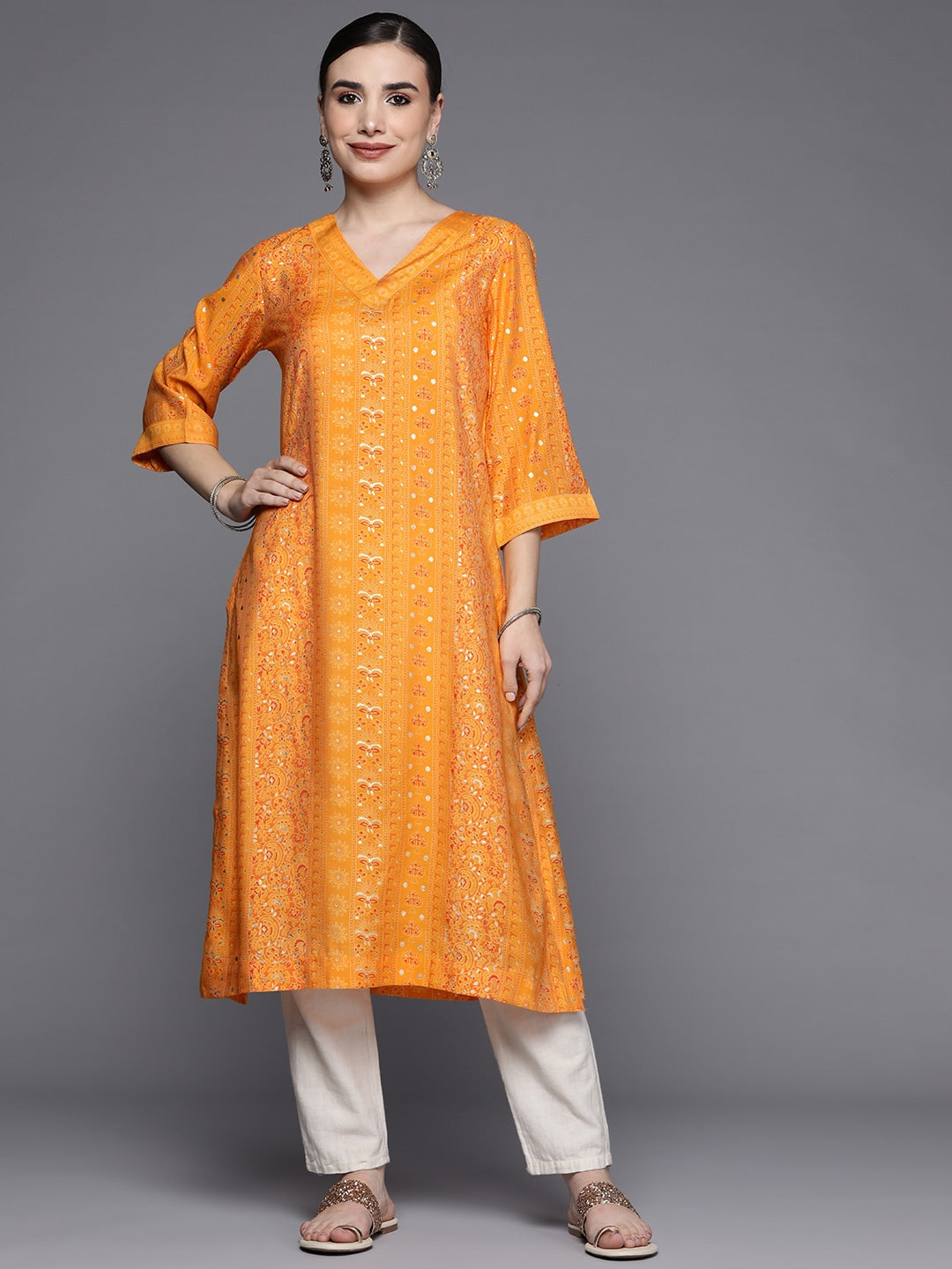 Biba Women Mustard Yellow & White Ethnic Motifs Printed Kurta - Distacart