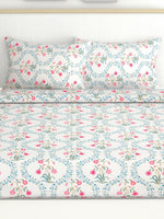 Thumbnail for haus & kinder Blossoms Pink & White 186 TC Cotton Queen Bedsheet With 2 Pillow Covers - Distacart