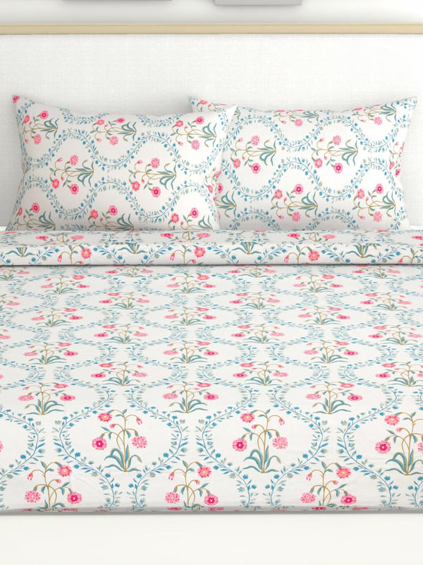 haus & kinder Blossoms Pink & White 186 TC Cotton Queen Bedsheet With 2 Pillow Covers - Distacart