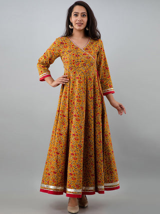 Kalini Women Mustard Yellow & Red Ethnic Motifs Printed Angrakha Anarkali Kurta - Distacart