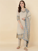 Thumbnail for HERE&NOW Women Beige Printed Pure Cotton Kurta with Churidar & With Dupatta - Distacart