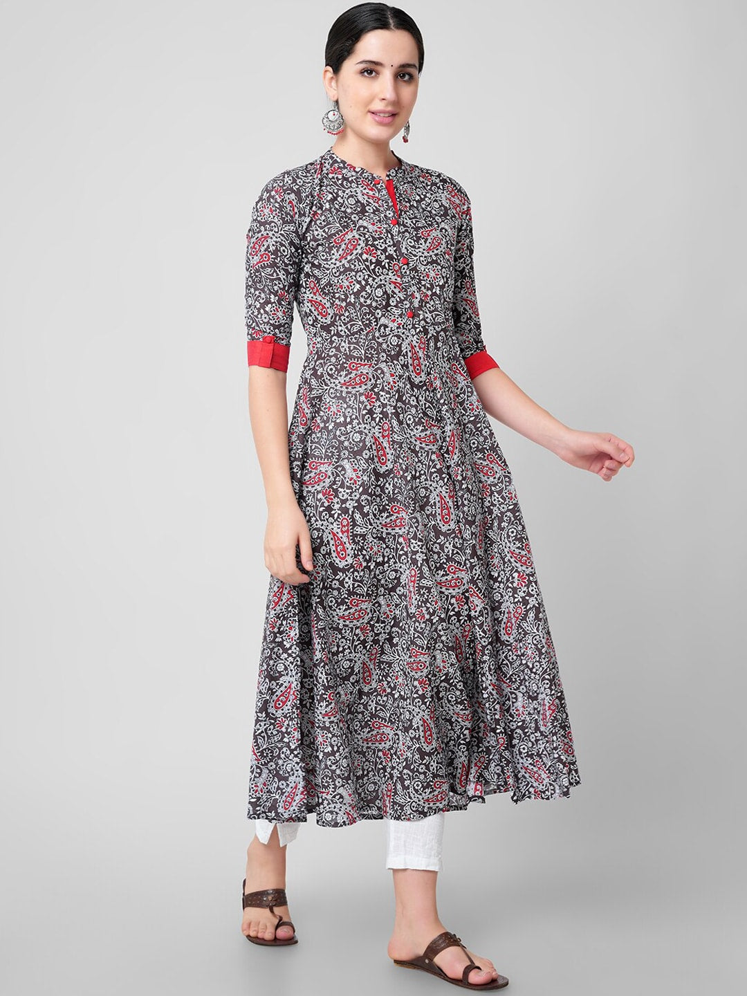 Kalini Women Red Floral Printed Thread Work Handloom Anarkali Kurta - Distacart