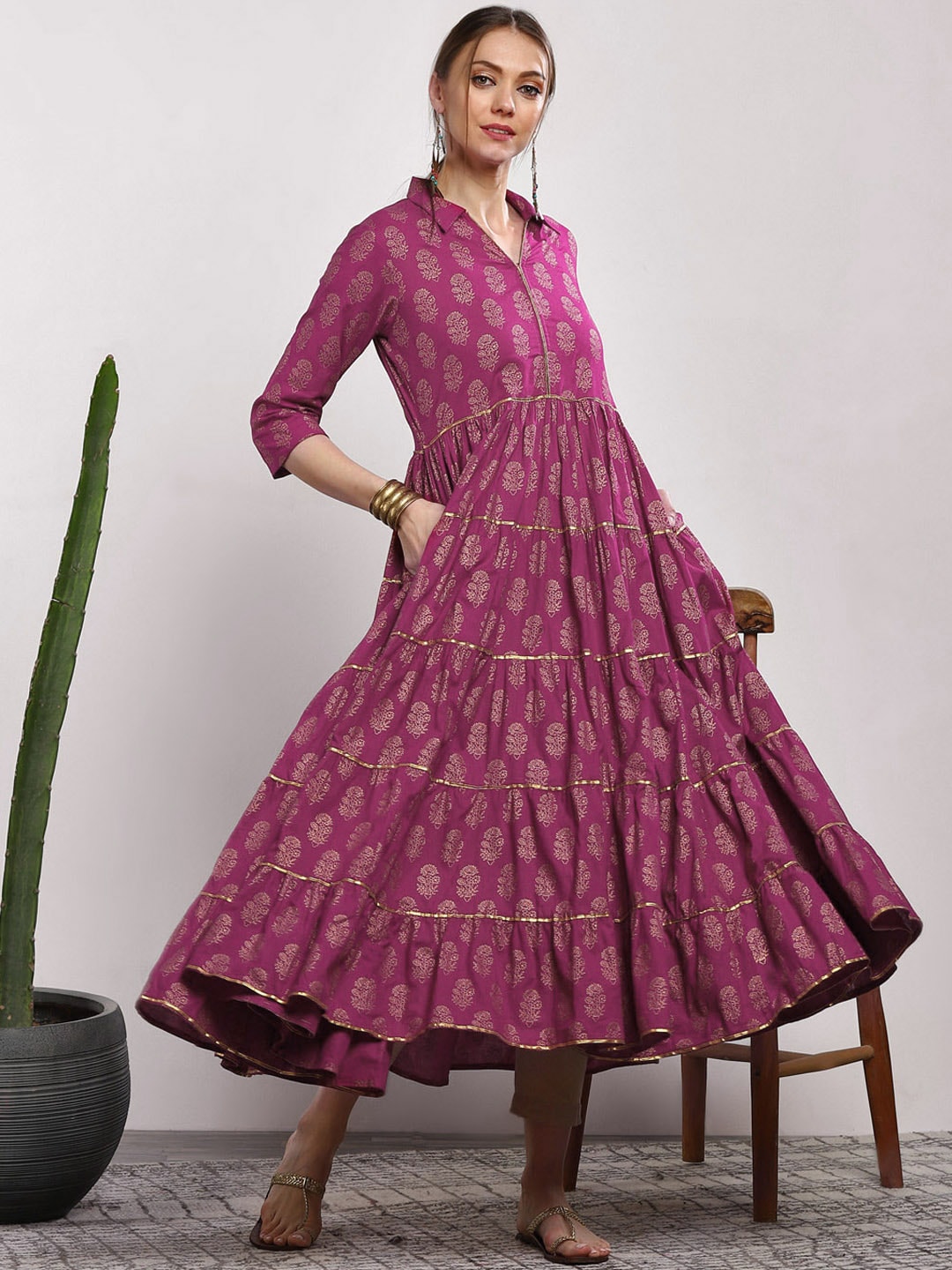 Sangria Women Pink Printed Tiered Anarkali Kurta - Distacart