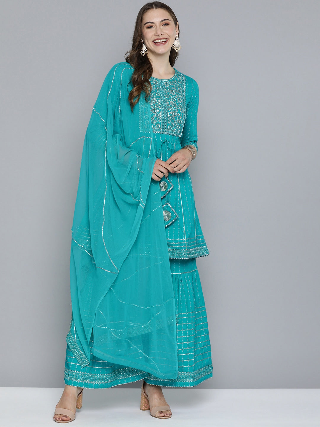 HERE&NOW Floral Yoke Design Regular Beads and Stones Pure Cotton Kurta with Sharara - Distacart