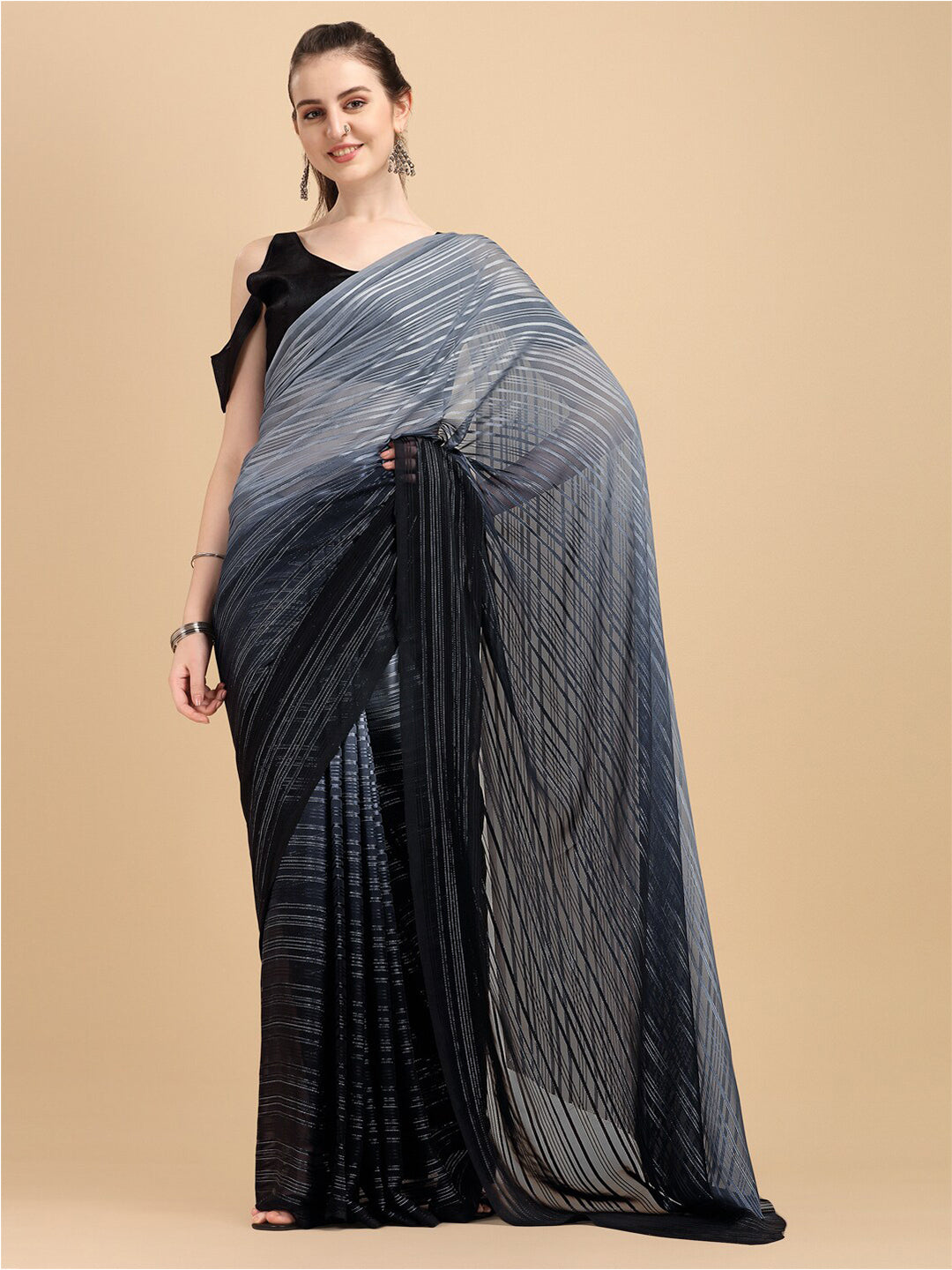 Kalini Black Women Georgette Striped Printed Saree With Blouse Piece - Distacart