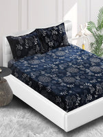 Thumbnail for Stylespace by Isha Navy Blue & White Floral Velvet 300 TC Fitted King Bedsheet Set - Distacart
