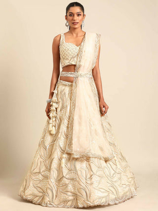 House of Panchhi Cream Net Sequins and Zarkan embroidery Lehenga choli & Dupatta - Distacart