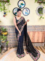Thumbnail for Mitera Black & Pink Floral Sequinned Saree - Distacart