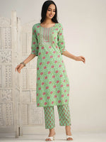 Thumbnail for Sangria Floral Printed Gotta Patti Pure Cotton Kurta With Trouser & Dupatta - Distacart