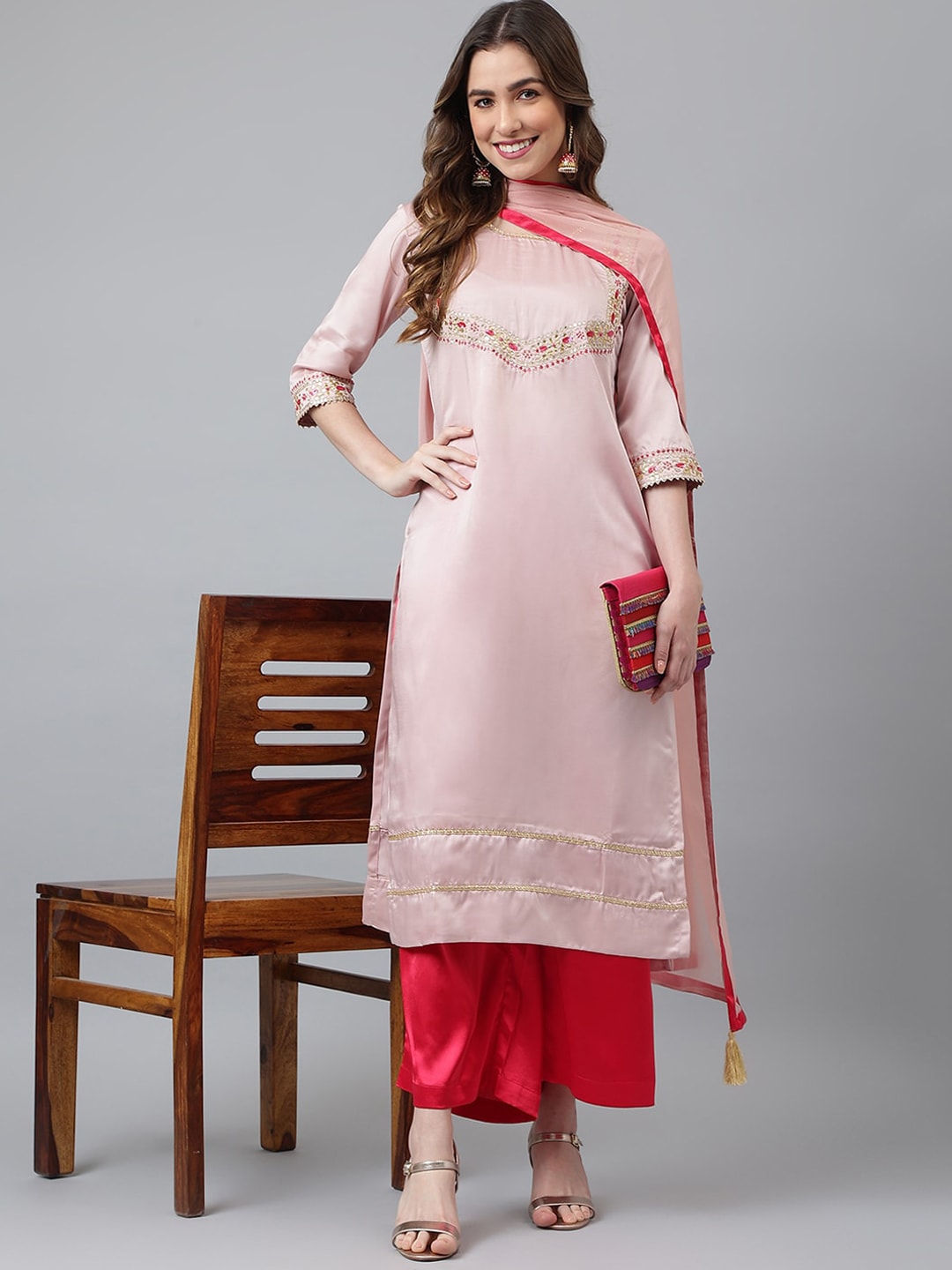 Khushal K Women Pink Floral Embroidered Sequinned Kurta with Palazzos & Dupatta - Distacart