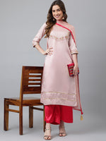 Thumbnail for Khushal K Women Pink Floral Embroidered Sequinned Kurta with Palazzos & Dupatta - Distacart