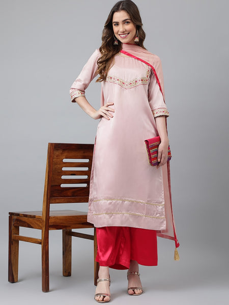 Khushal K Women Pink Floral Embroidered Sequinned Kurta with Palazzos & Dupatta - Distacart