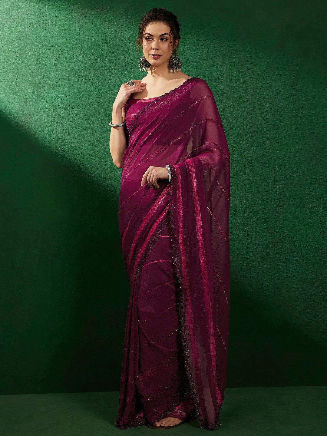 Sangria Striped Embellished Pure Georgette Saree - Distacart