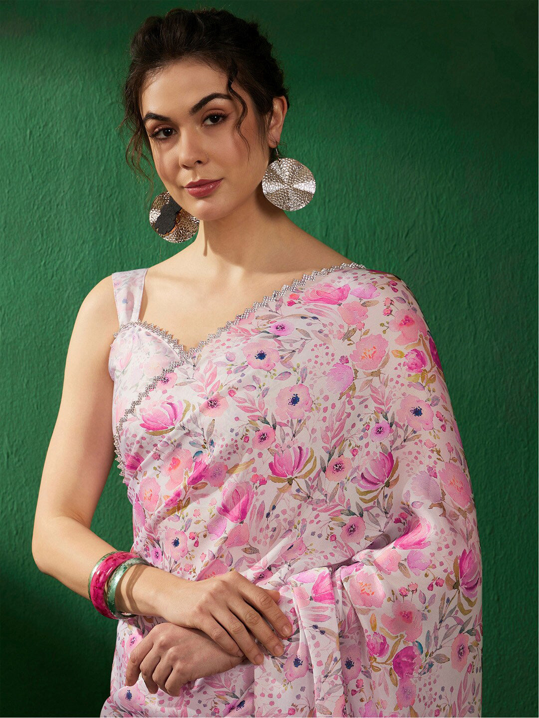 Sangria Floral Embellished Satin Saree - Distacart