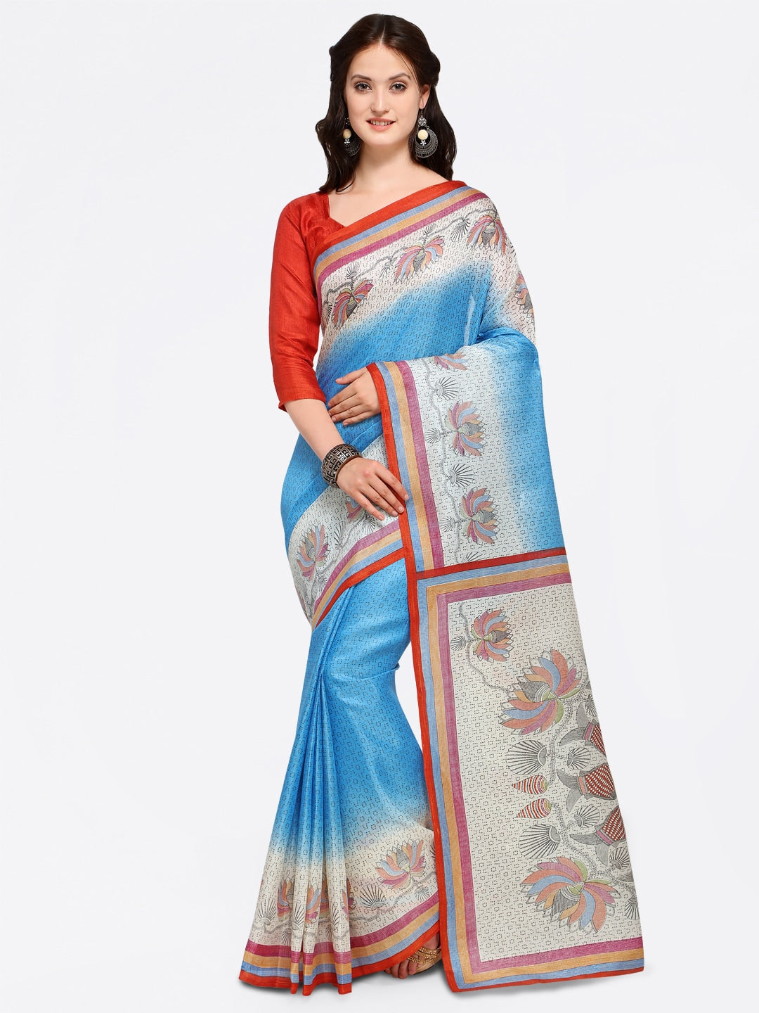 Saree Mall Blue & Beige Art Silk Printed Bhagalpuri Saree - Distacart