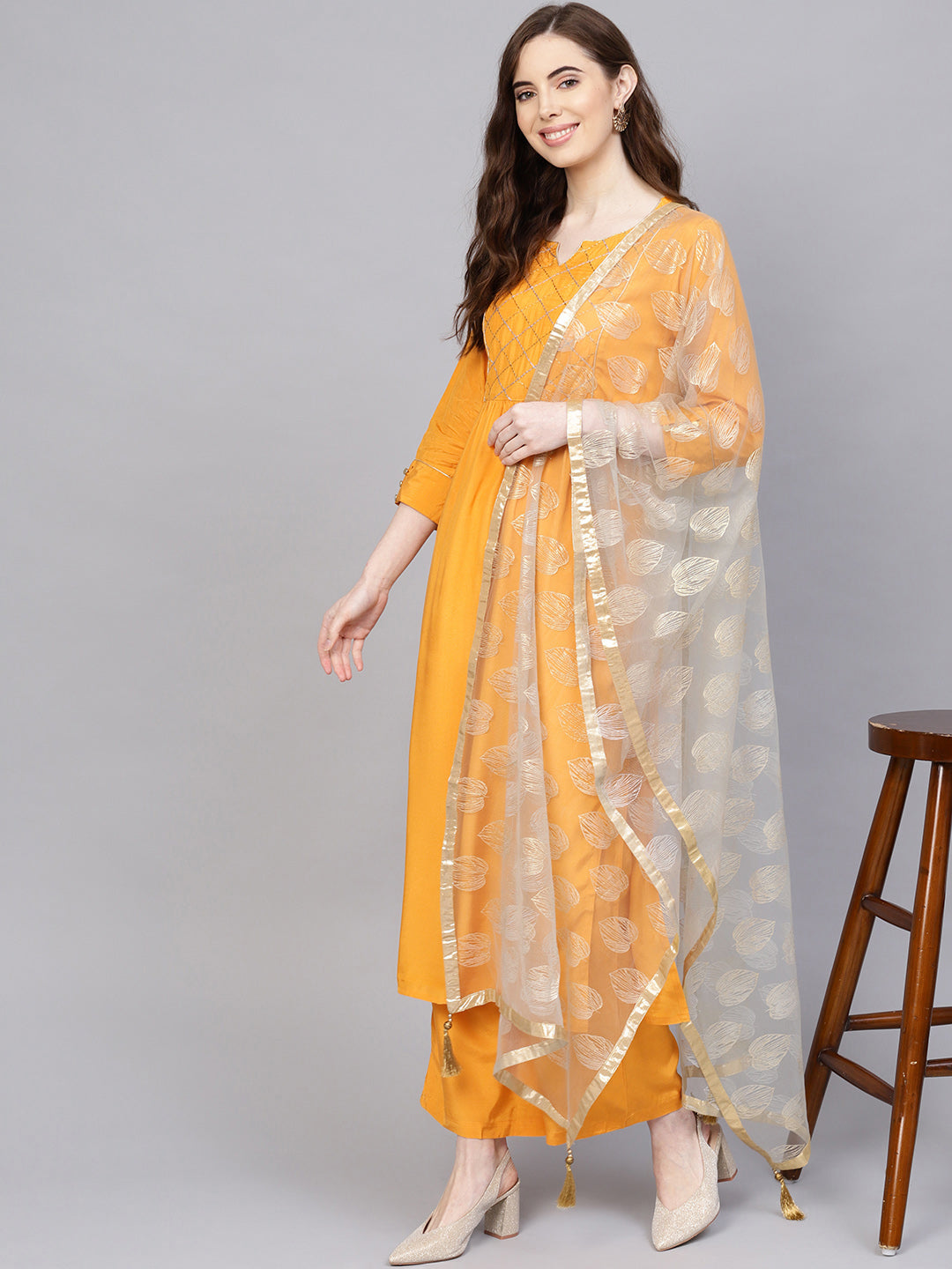 Jaipur Kurti Women Mustard Yellow & Grey Yoke Design Kurta with Palazzos & Dupatta - Distacart