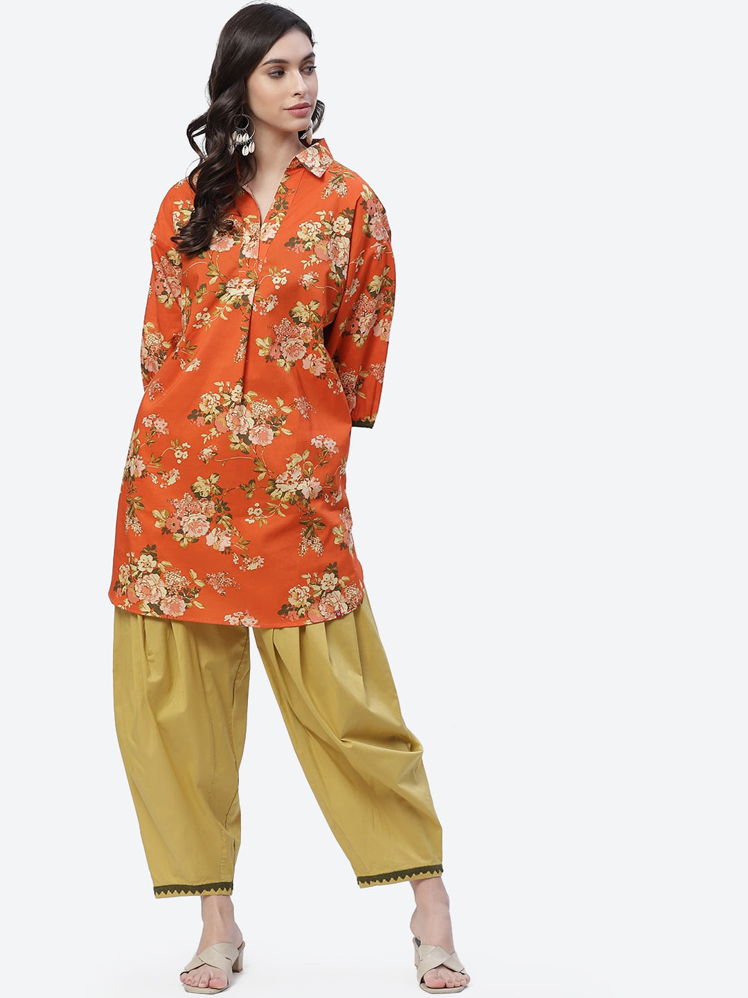 Biba Women Orange Floral Printed Pure Cotton Kurti with Salwar - Distacart