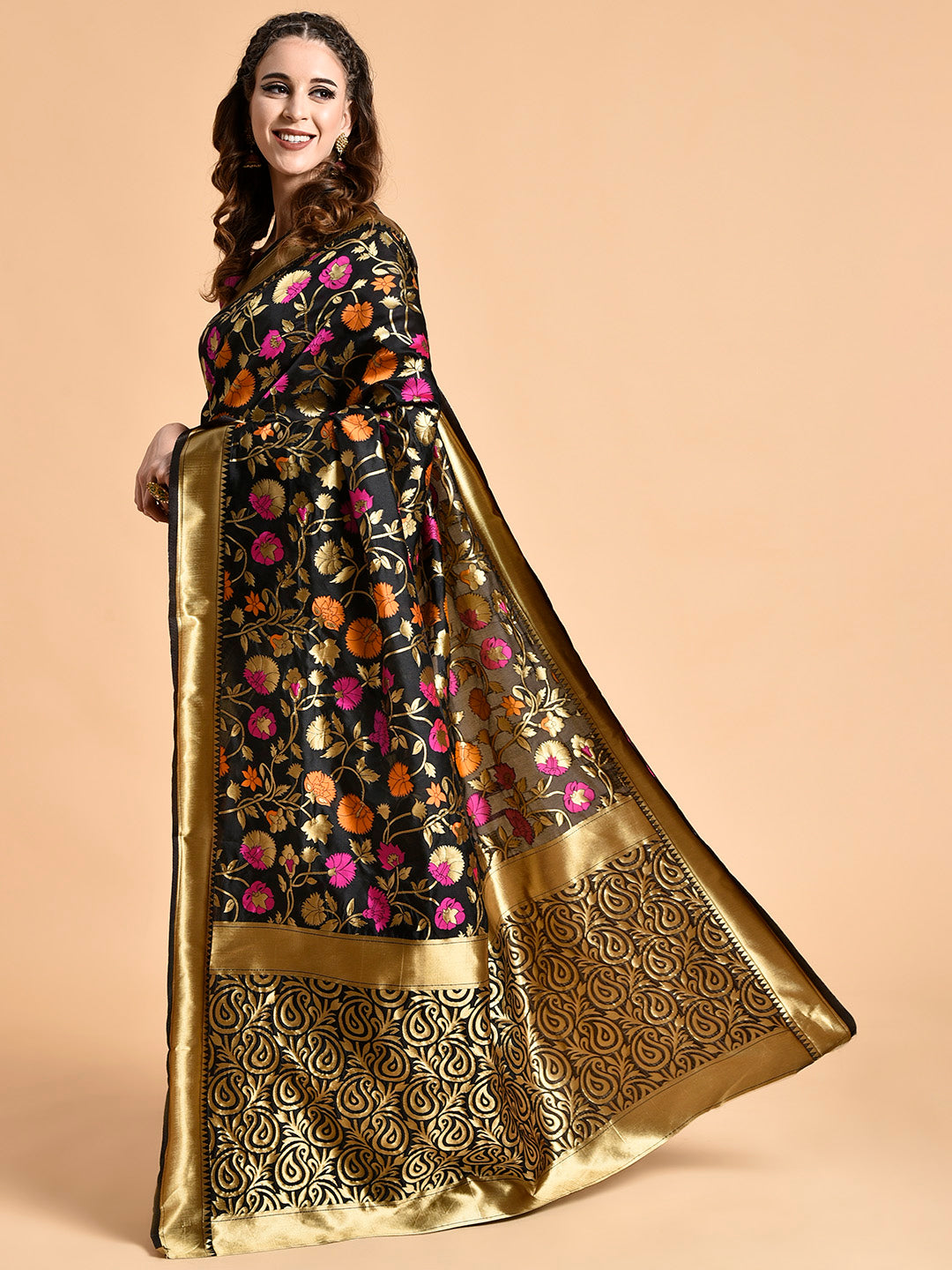 Sangria Black & Pink Floral Zari Silk Blend Banarasi Saree - Distacart