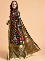 Thumbnail for Sangria Black & Pink Floral Zari Silk Blend Banarasi Saree - Distacart