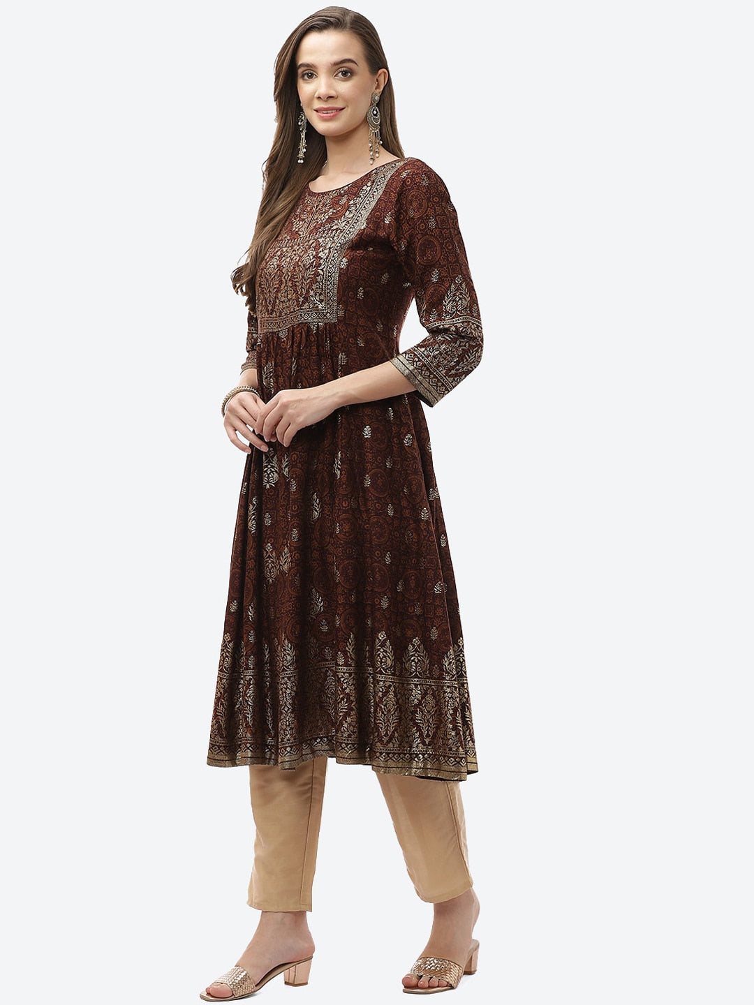 Biba Women Brown & Gold-Toned Printed Thread Work Anarkali Kurta - Distacart
