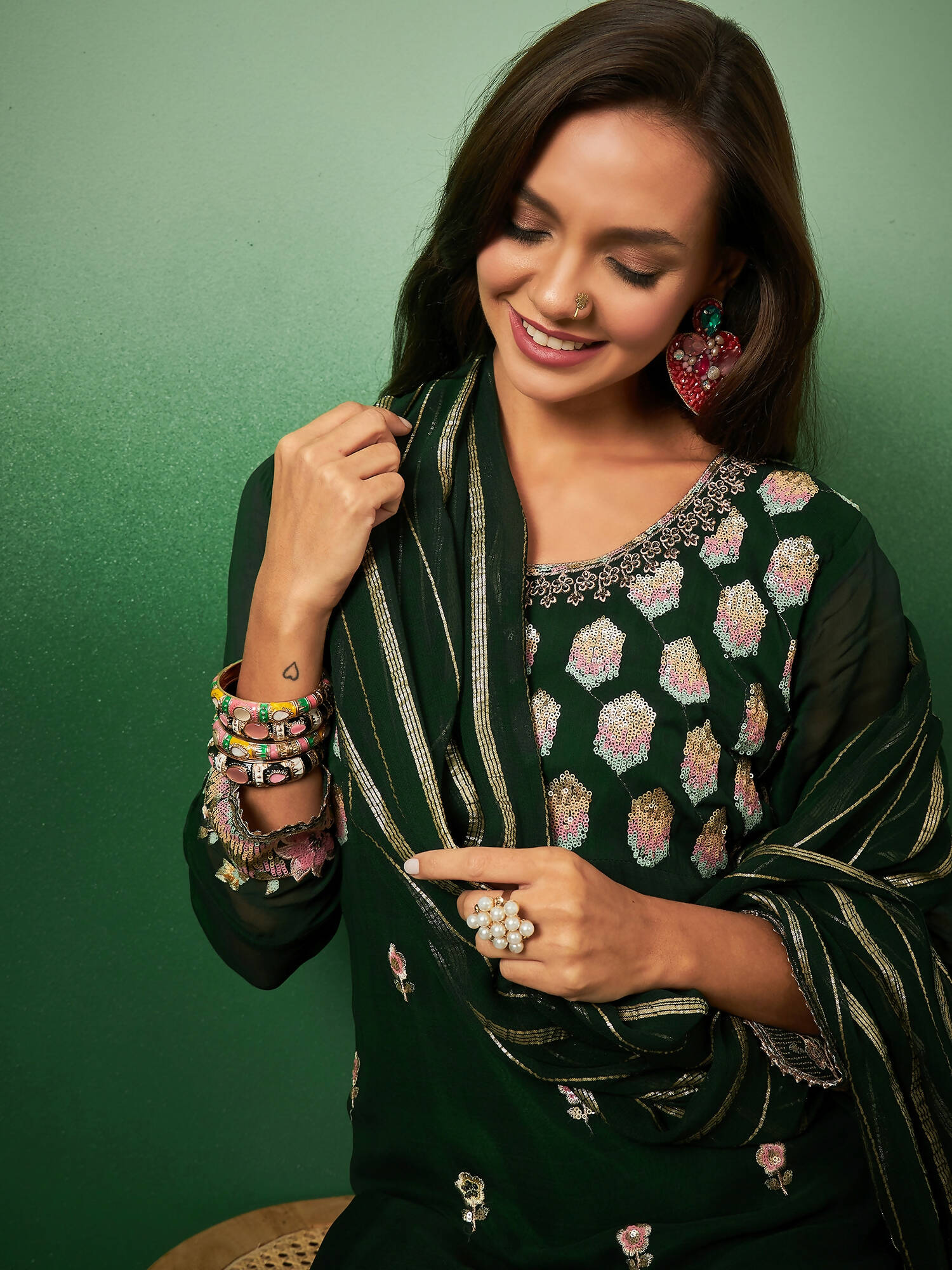 Green Georgette Handwork Unstitched Dress Material - Hanika - Distacart