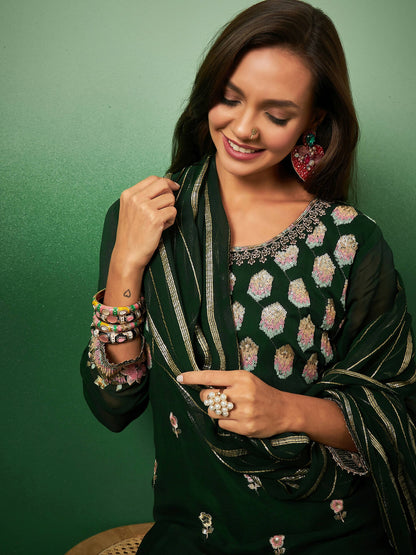Green Georgette Handwork Unstitched Dress Material - Hanika - Distacart