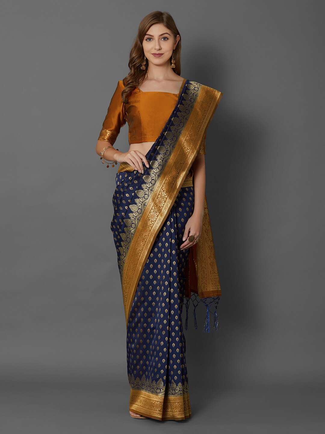 Mitera Navy Blue Silk Blend Woven Design Banarasi Saree - Distacart