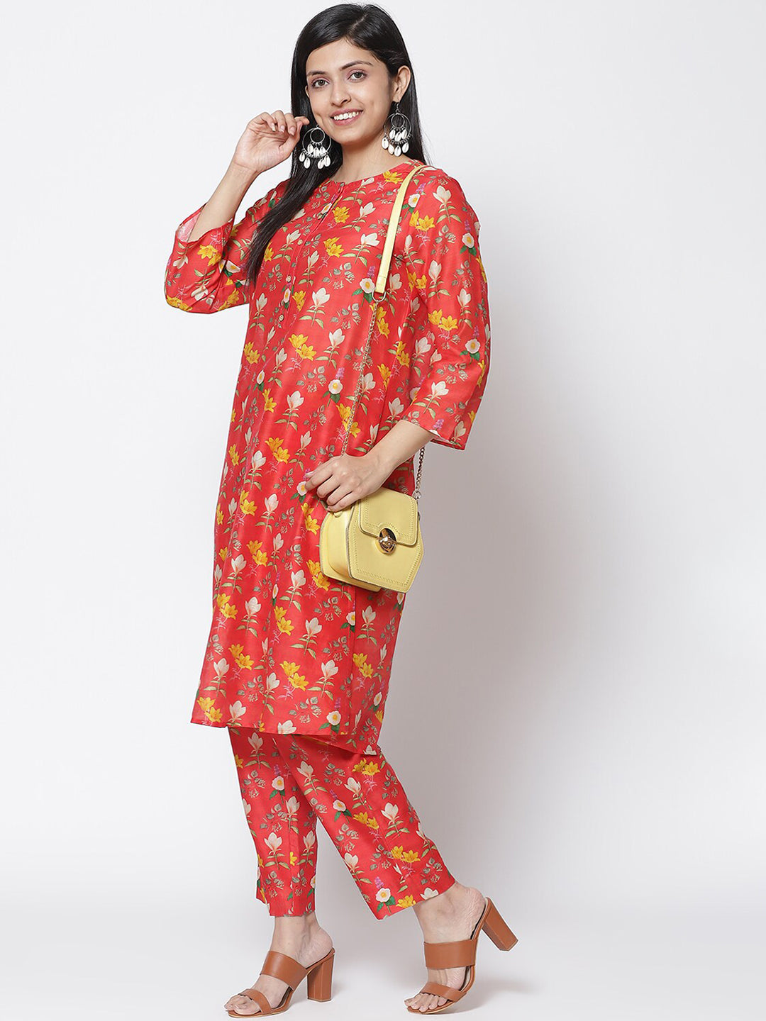 Biba Women Red & Yellow Floral Printed Kurta with Palazzos - Distacart