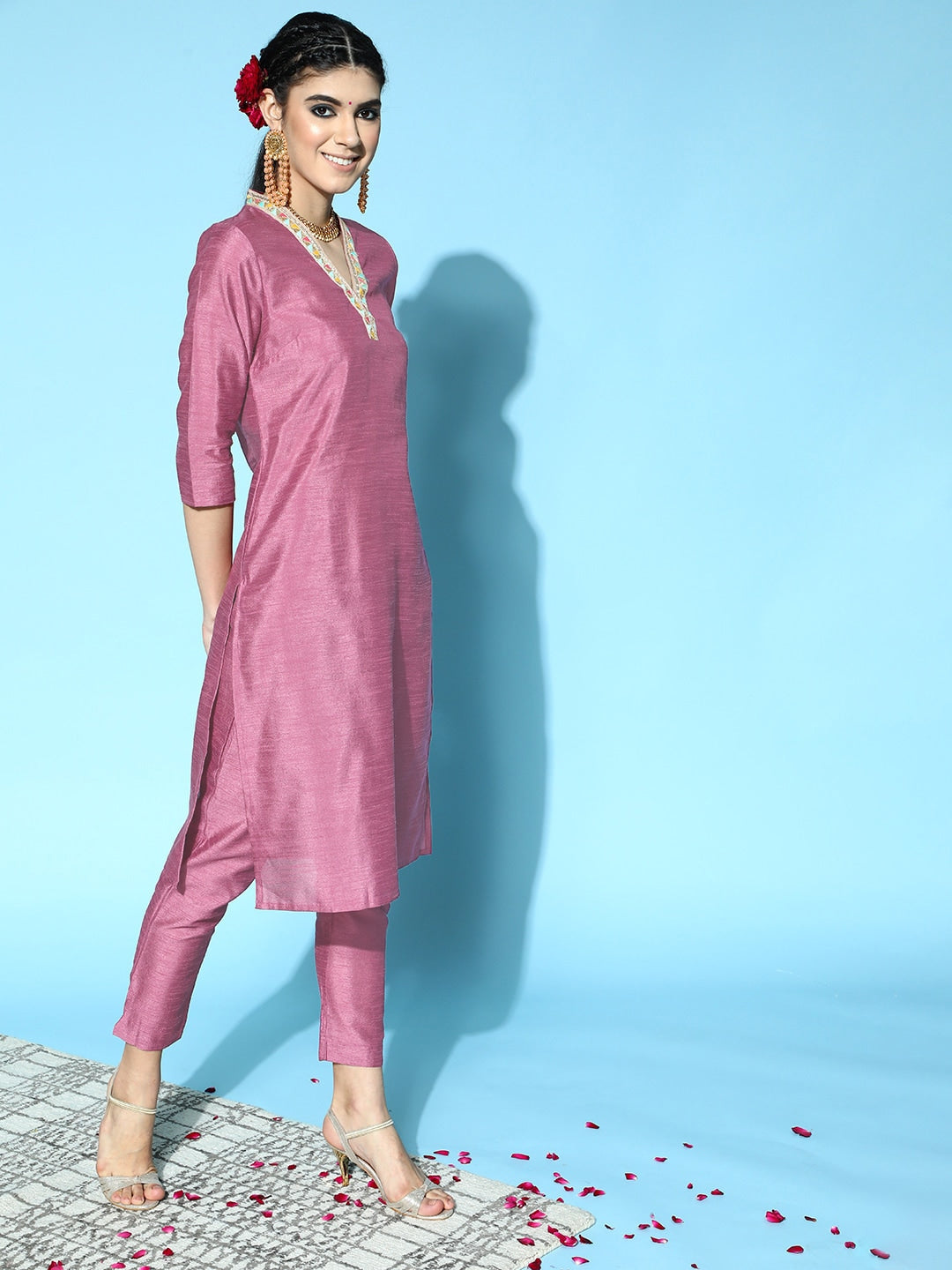 Sangria Women Mauve Yoke Design Straight Kurta with Trousers - Distacart