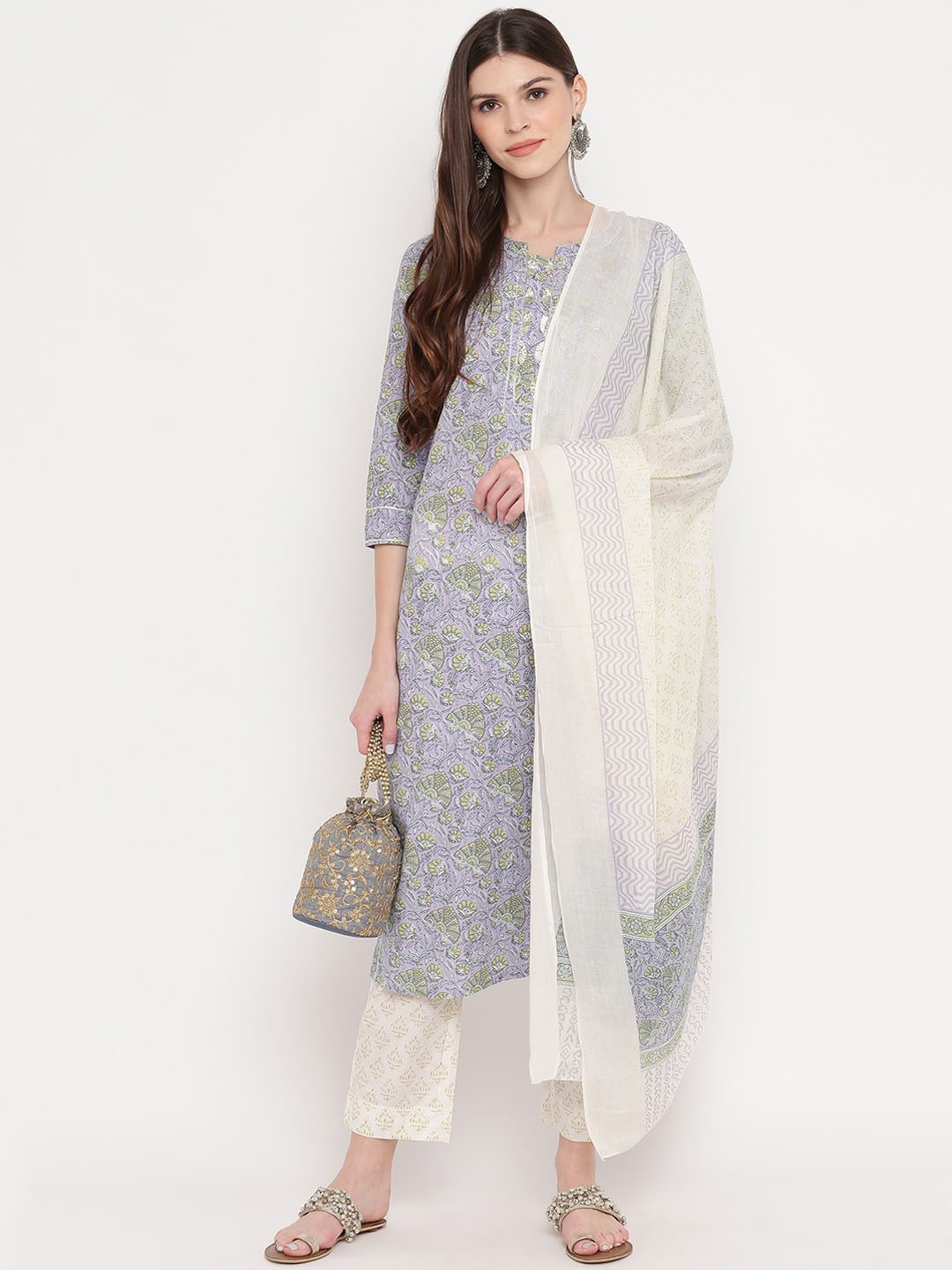 Kalini Women Lavender Floral Printed Panelled Gotta Patti Pure Cotton Kurta Set - Distacart