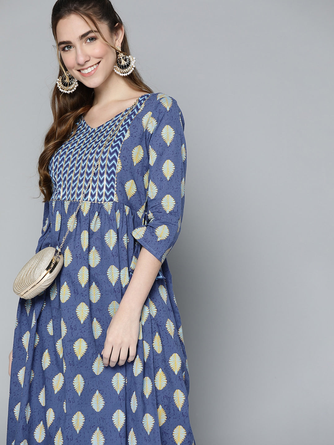HERE&NOW Women Navy Blue & Mustard Yellow Ethnic Printed Gotta Patti Pure Cotton Kurta - Distacart