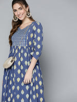 Thumbnail for HERE&NOW Women Navy Blue & Mustard Yellow Ethnic Printed Gotta Patti Pure Cotton Kurta - Distacart