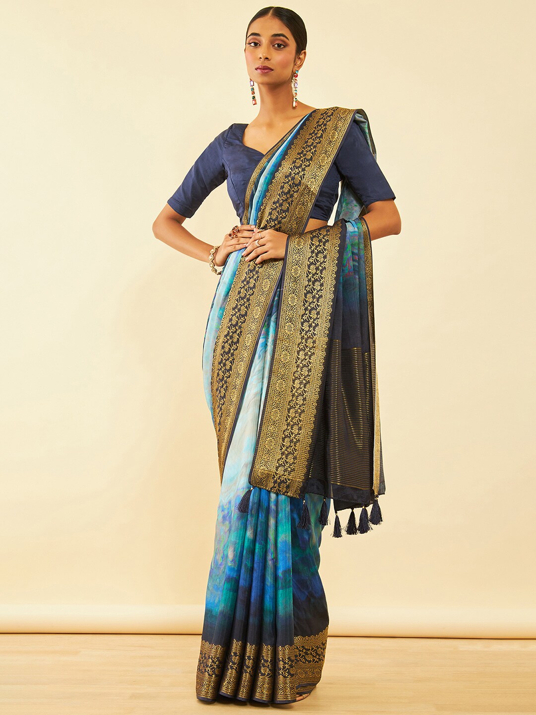 Soch Woven Design Floral Printed Tussar Saree - Distacart