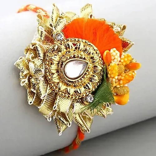 Zardosi Flower Design Rakhi & Kaju Katli Box - Distacart