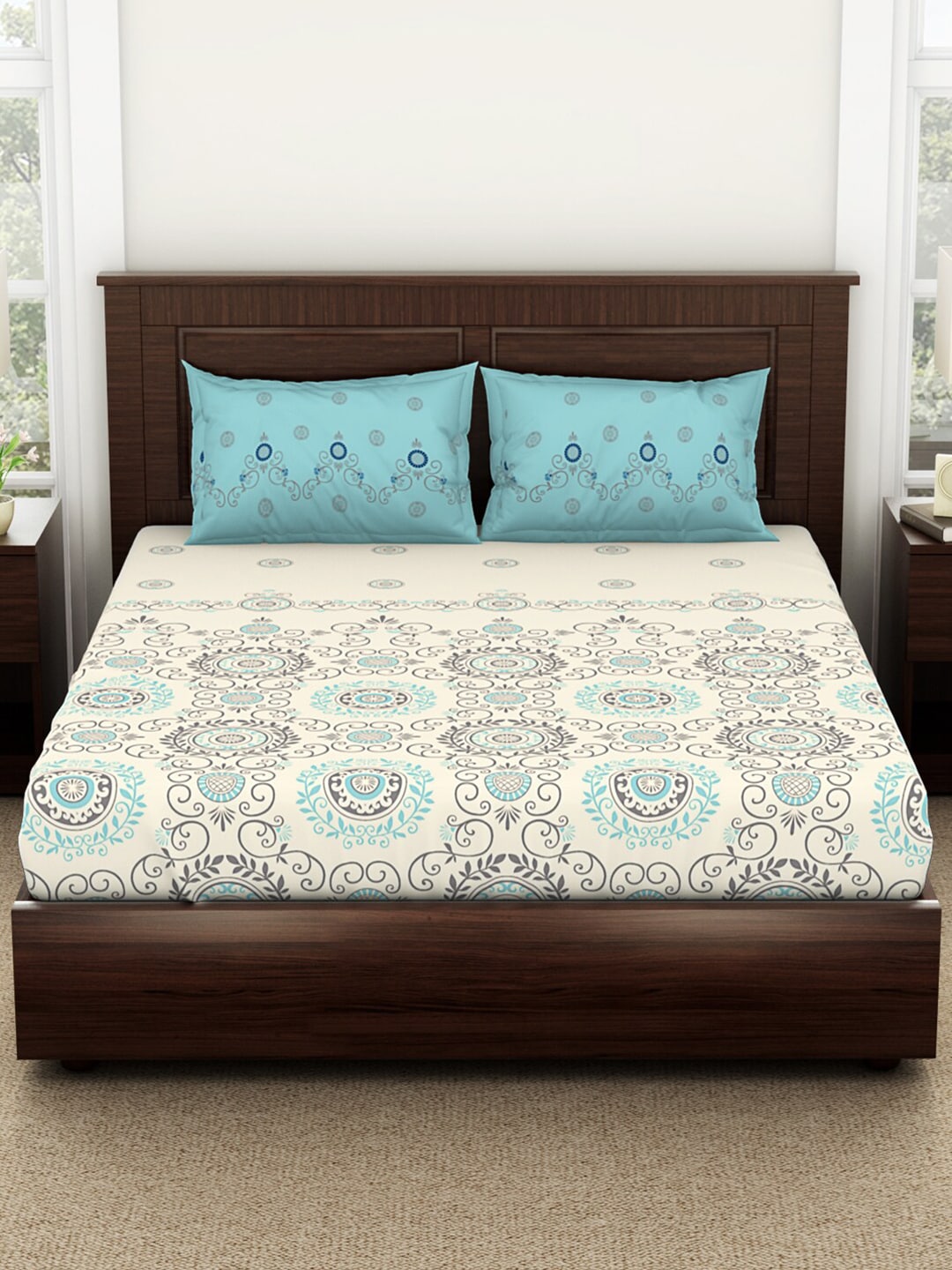 SPACES Reagalis Cream Ethnic Motifs 140 TC Cotton Queen Bedsheet & 2 Pillow Covers - Distacart