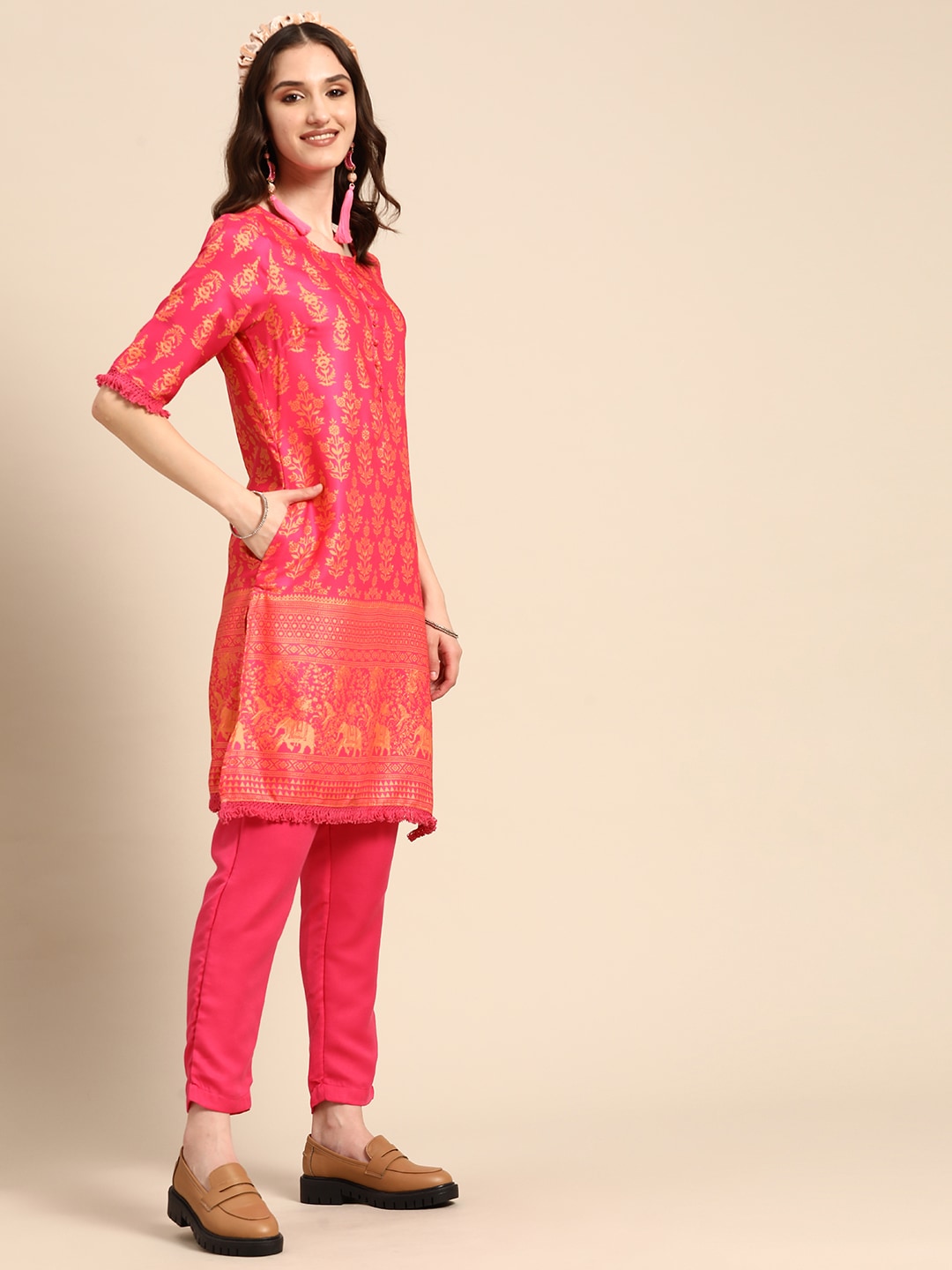 Sangria Women Pink & Yellow Ethnic Motifs Printed Kurta with Trousers - Distacart