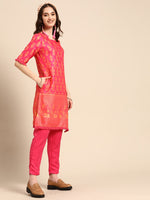 Thumbnail for Sangria Women Pink & Yellow Ethnic Motifs Printed Kurta with Trousers - Distacart