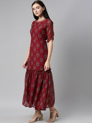 Souchii Maroon & Blue Ethnic Motifs Chiffon Maxi Dress - Distacart