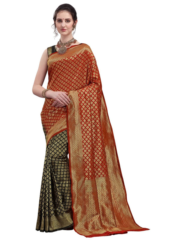 Kalini Red & Black Ethnic Motifs Silk Blend Half and Half Kanjeevaram Saree - Distacart