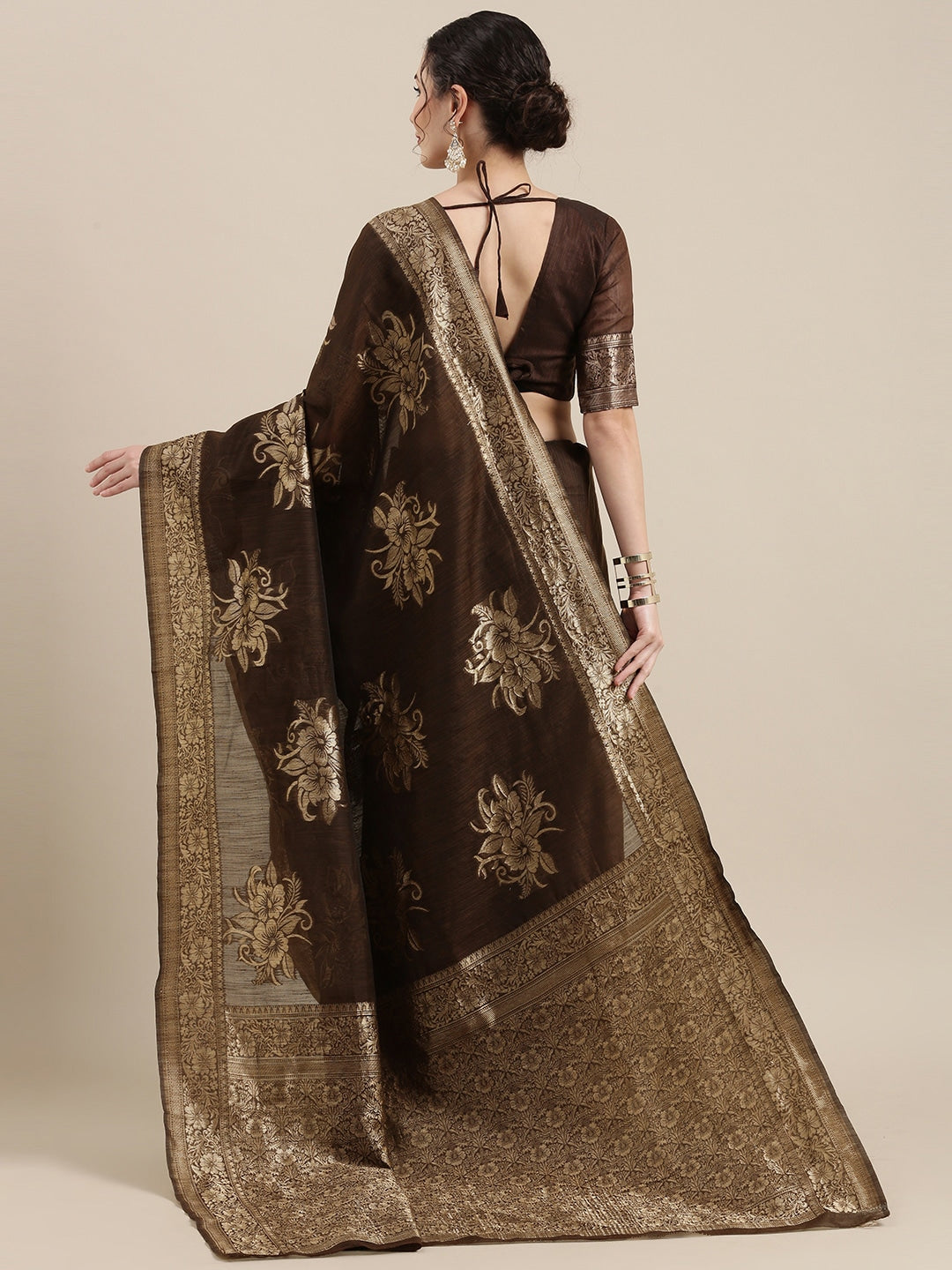 Saree Mall Brown Floral Linen Blend Banarasi Saree - Distacart