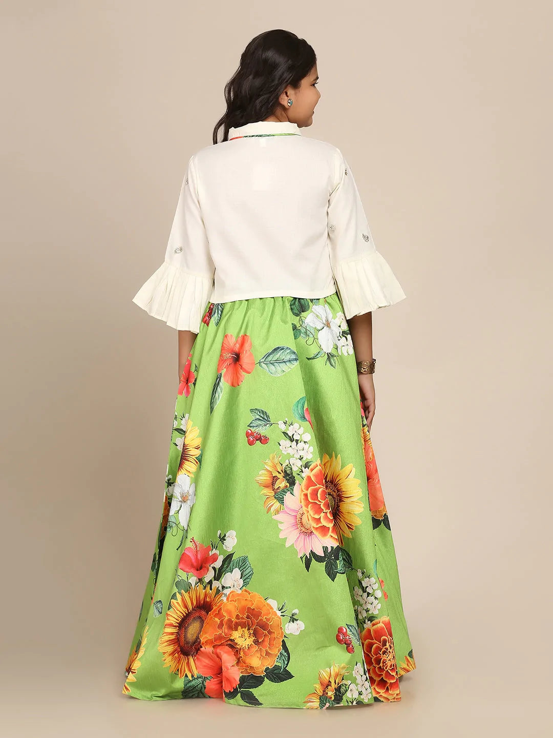 NOZ2TOZ Lime Green & White Floral Printed Ready To Wear Lehenga Choli For Girls - Distacart