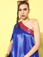 Thumbnail for InWeave Women's Blue Pink Brocade Satin Oneshoulder Kurta Set - Distacart
