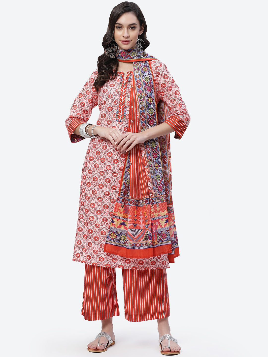 Biba Women Red Floral Printed Pure Cotton Kurta with Palazzos With Dupatta - Distacart